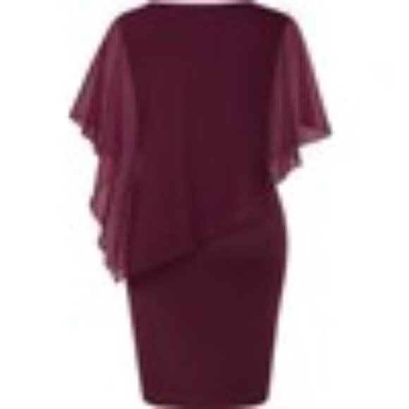 NWT SeSe Code Burgundy Dress W/Mesh Cape Overlay - Picture 2 of 6